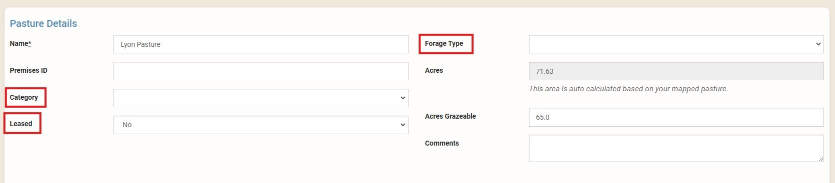 Pasture - Category, Leased, Forage